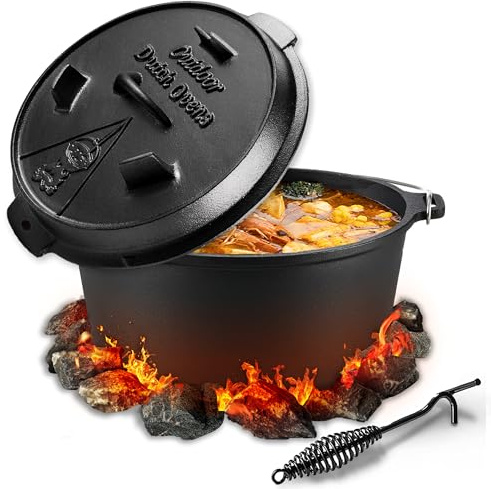 NSIRONS Dutch Oven, Dutch Oven Set 9 liter, Eingebrannter Feuertopf mit Deckelheber, 2in1 Gusseisen Topf mit Doppelfunktions-Deckel, Für Outdoor and Indoor, Schwarz