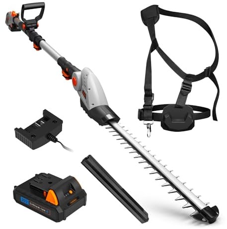 VonHaus Akku Heckenschere - Ausziehbare Teleskop-Heckenschere mit großer Reichweite für Hecken, Büsche, Zweige - 20V Akku, Ladegerät, Schultergurt, Verstellbarer Schneidkopf, Doppelklingen (Grau)