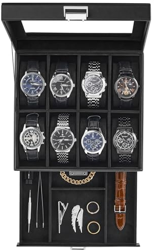 ProCase Uhrenbox mit 8 Fächern, 2 Ebenen Uhrenkasten mit Glasdeckel, Uhrenkoffer mit herausnehmbaren Uhrenkissen, Uhrenschatulle für Schmuck- Schwarz