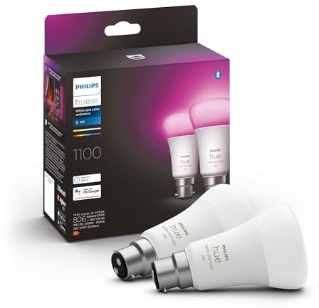 Philips Hue White & Colour Ambiance LED-Leuchtmittel, B22 Bajonettsockel, 1100 Lumen (entspricht 75 W) Funktioniert mit Alexa, Google Assistant und Apple Homekit, 2 Stück(1er Pack)