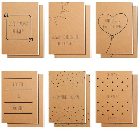 BELLE VOUS 12er Pack Braune Kleine Notizbücher A6 Liniert 10,5 x 14,8 cm Notizblöcke Klein 6 Englische Spruch-Designs - 80 Papierseiten - Positive Botschaften auf Notizblock A6
