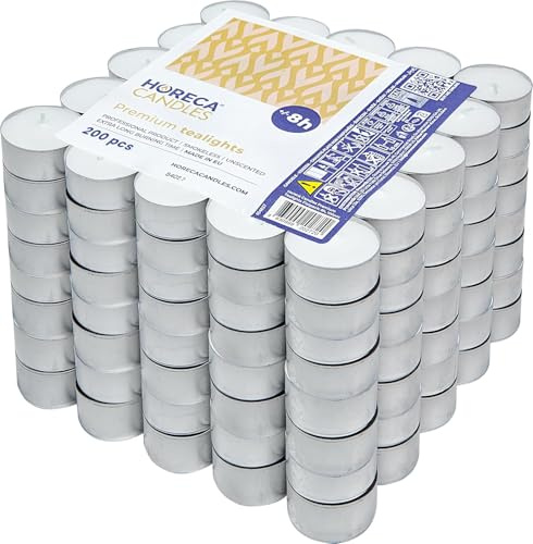 Horeca Candles - Teelichter 8 Stunden Brenndauer - Weiß - 200 Stück - Aluhülle - Kerzen zum Feiern, Deko, Hochzeit, Gastro, Party - Unparfümiert - Premium Qualitä