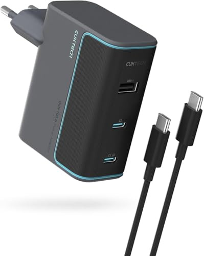 100W USB C Ladegerät, CUKTECH Gan Schnellladegerät mit USB C Kabel, 3-Port PD Fast Charger Netzteil für Laptop, MacBook Air, iPad Air, Galaxy S24/S20, iPhone 16/Pro/Max, Steam Deck, Google usw