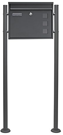 Wiltec Set Briefkasten V12 Anthrazit 360 x 115 x 320 mm mit Ständer, Wandbriefkasten mit Schloss, Sichtfenstern und Namensschild, Postkasten aus Stahl galvanisiert