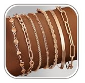 Adramata 7Pcs Armband Damen Edelstahl Ketten Armbänder Set 14K Vergoldet Armbander Twist Schlange Armkette Damen CZ Verstellbar Armband Set Charm Armband Silber Rosegold Gold Armband für Damen Frauen