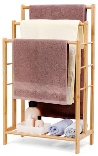 Relquorax Bambus Handtuchständer mit Ablage, Handtuchhalter Freistehend, Handtuchleiter stehend mit 3 stangen, Badezimmer, Wohnzimmer, platzsparend (86cm hoch)