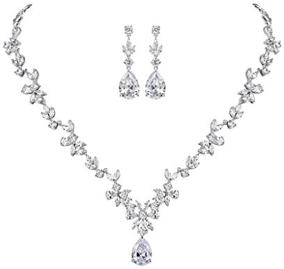 MASOP Silber Braut Schmuckset, Damen Hochzeit Schmuck Set, Blumen Ohrringe und Halskette mit Anhänger Set, Weiß Tropfen Zirkonia CZ Bling Ohrhänger Ohrringe, Hochzeit Party Geschenk für Frau