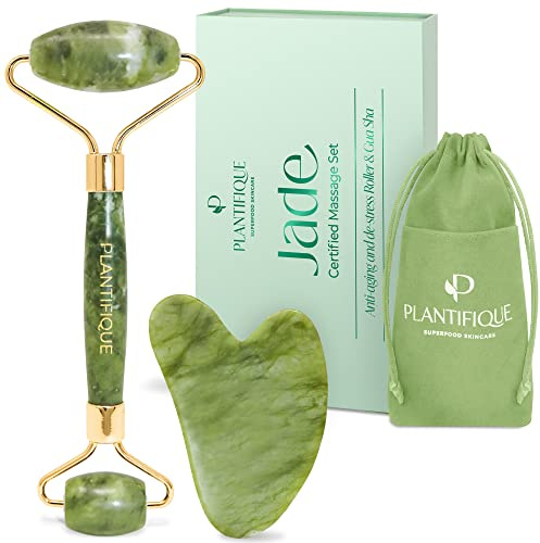 PLANTIFIQUE Jade Gesichtsroller und Gua Sha Stein Set - Natürliches Jade Face Roller & Guasha für Lymphdrainage und Massage Gesicht, Augenroller - Gesichtsmassage Roller