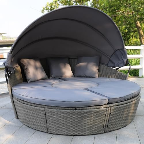 Enjoy Fit Poly Rattan Sonneninsel mit faltbarem Sonnendach Ø 180 cm inkl. Auflagen Kissen Abdeckung Lounge Sonnenliege Gartenmuschel mit Regencover/Farbe: Grau