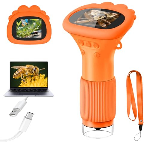 Acoath Mikroskop für Kinder, Digitales Taschenmikroskop mit 2,0" IPS-Bildschirm Lupe 200x Vergrößerung, 8 LED Lights Handy Kindermikroskop für Garten Spielzeug - Orange
