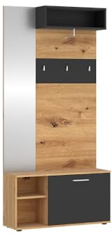 Garderobe Urbino mit Spiegel 90x32x194,5 cm Flur Artisan Eiche/Kosmosgrau | Schrank mit einer Tür, drei Kleiderhaken und vier Böden in einer Bauform vereint, geringe Tiefe für schmale Korridore