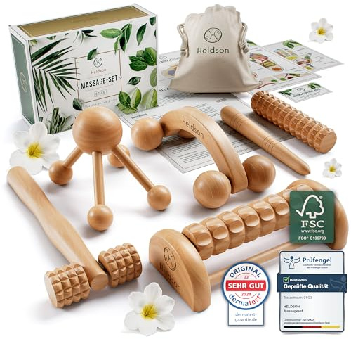 HELDSON® Massage Set Holz [6 Teile] FSC®100% - Diverse Massagegeräte & Massage Roller - Fußmassage, Kopfmassage, Triggerpunkt Drücker - Entspannung - Ostern Geschenke - Anti Cellulite, Stress
