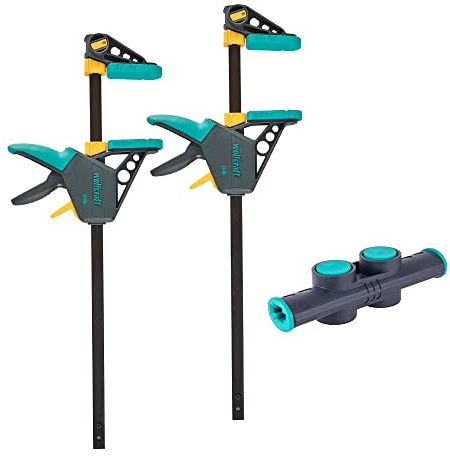 wolfcraft XL-Einhandzwingen-Set - 2 PRO L Zwingen mit Connector | Spannkraft 120 kg, Spannweite bis 1060 mm durch Connector, gehärtete Stahl-Schiene, Made in Europe - Art.-Nr. 8624000