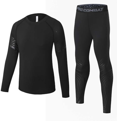 Echinodon Sportunterwäsche Kinder Fußball Jungen Mädchen Schnelltrockend Funktionsunterwäsche Kompressionsunterwäsche Set für Fitness Running Fußballtraining Basketball Radsport A-Schwarz 30
