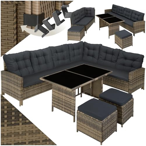 tectake® Polyrattan Lounge Set, Gartenmöbel Set mit Sofa, Hocker + Tisch, Balkon Möbel Outdoor, 5-teilige Sitzgruppe, inkl. Sitz- & Rückenkissen, ideal für Garten, Terrasse, Balkon - Natur/dunkelgrau