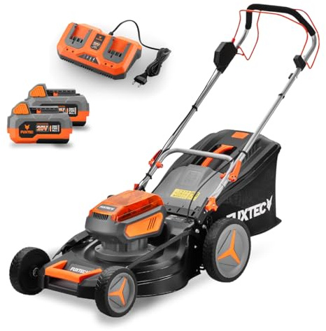 FUXTEC 4in1 Akku Rasenmäher 40V (2x20V) FX-E2RM46 inkl. 2x20V Li-Ion Batterie 4Ah & Doppelladegerät – Schnittbreite 46cm, Schnitthöhe 25-75mm & 50L Grasfangkorb – mit Mulch-Funktion und Seitenauswurf