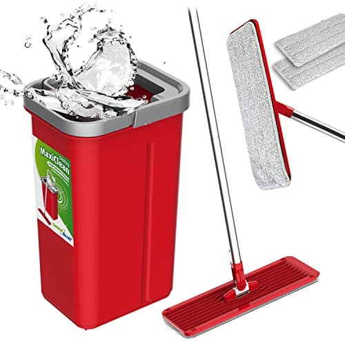 GreenBlue MaxiClean GB870 Flachmopp mit Eimer und Auswringer | 2 Mikrofaser-Einsätze Zweikammersystem | 360° Teleskopstiel Streifenfrei