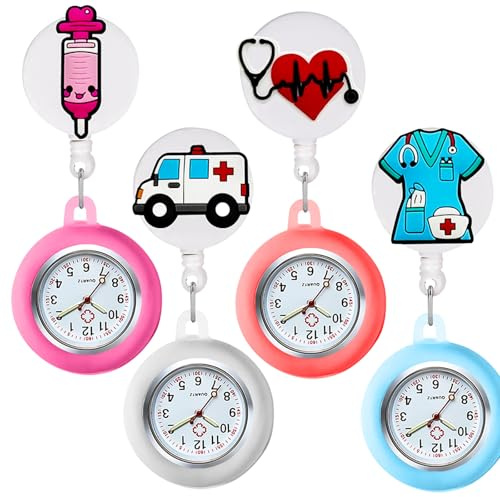 GOMETY 4 Stück Krankenschwester Uhr, Niedliche Schwesternuhr Mit Clip, Schwesternuhr Ansteckuhr Fob Tragbar Schwesternuhr Geschenk für Damen Mädchen ärzte Krankenschwestern Sanitäter Krankenpfleger