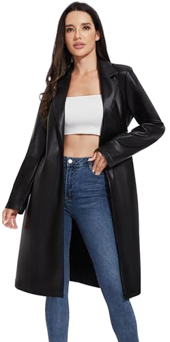Fahsyee Damen Kunstlederjacke Trenchcoat Bikerjacke Mantel Lang Schwarz | Kunstleder PU im Bikerjacken-Stil, lang geschnitten, mit Gürtel zum Binden Knopfleiste