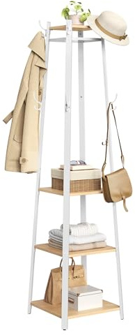 VASAGLE Garderobenständer, Kleiderständer, Garderobe mit 8 Doppelhaken, 4 Ablagen, Kleiderstange, mit Metallrahmen, für Schals, Jacken, Taschen, für Flur, goldeichenfarben-wolkenweiß LCR080W09