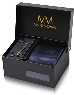 Massi Morino Krawatte Dunkelblau mit Einstecktuch Set Herren inkl. Manschettenknöpfe, Krawattennadel und Geschenkbox - Männer Krawattenset zur Hochzeit