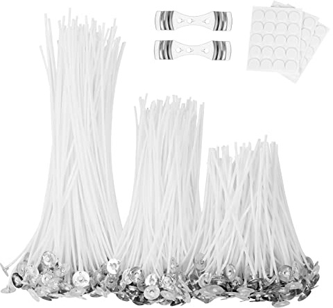 URAQT 300 Kerzendochte mit 60 STK Dochtaufkleber, 2 Docht Halter | 300 STK Kerzendocht Kerzenherstellung Zubehör Candle Wick für die Kerzenherstellung Candle DIY (10cm 15cm 20cm)