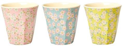 ReWu Rice Melamin Becherset Blumenmuster Medium 3er-Set Trinkbecher für Kinder BPA-frei Blumen Camping BBQ Outdoor Kaffebecher Bunt 250 ml