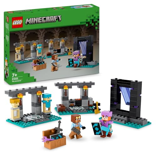 LEGO Minecraft Die Waffenkammer - Spielzeug mit Netherportal, inkl. Alex & Waffenschmied Figuren -Zubehör wie Goldaxt, Schwerter & Schild - Gamer Geschenk für Jungen & Mädchen ab 7 Jahren - 21252