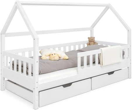Ehrenkind® Hausbett Lille | Kinderbett mit abnehmbaren Rausfallschutz aus Massivholz FSC® zertifziert inkl. Schubladen | Hausbett 90x200 | Kinderbett 90x200 Weiß