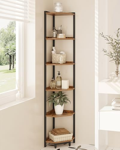 Hzuaneri Eckregal, 6-stöckiges Bücherregal, Standregal, Lagerregal, Eck-Bücherregal, Geeignet für Wohnzimmer, Arbeitszimmer und Büro, 30 x 30 x 167,5 cm, Vintagebraun-Schwarz CS06001B