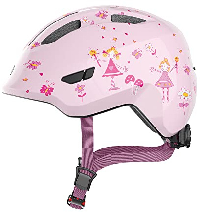 ABUS Kinderhelm Smiley 3.0 - Fahrradhelm mit tiefer Passform, kindergerechten Designs & Platz für einen Zopf - für Mädchen und Jungs - Rosa mit Prinzessinen-Muster, Größe S