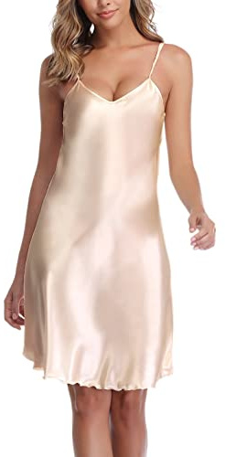 Vlazom Damen Nachthemd Satin Sexy Negligee Unterkleid mit Spaghettiträger V Ausschnitt Nachtkleid für Frauen(L,Stil A-Champagner)