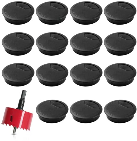 BDHYYM 15 Stück Tisch Kabeldurchführung Schreibtisch Kabeldurchführung 60mm | Kabeldurchführung Tisch mit 1 Lochsäge, Kabeldurchlass Schreibtisch Schwarz für Schreibtische Arbeitsplatten Büro Home Office