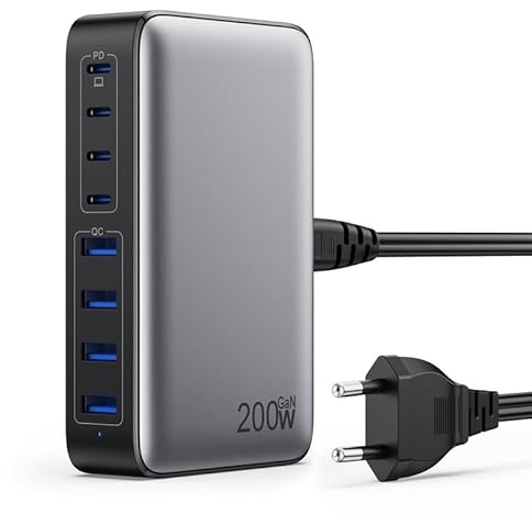 Feob 200W USB C Ladegerät Mehrfach, GaN III 8-Port Schnellladegerät PPS PD 65W Ladegerät Adapter Schnellladestation mit USB-A Netzteil Charger für MacBook, iPhone,SteamDeck,Smartphones