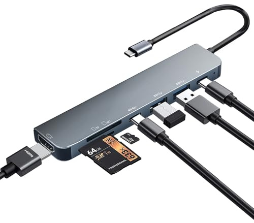 7 in 1 USB C Hub, USB-C Multiport Adapter Mit 4K HDMI, SD&TF Kartenleser, USB 3.0 & USB 2.0 Anschlüsse,100W PD, Typ C auf HDMI Adapter für MacBook Air/Pro, iPad, Samsung und Anderen USB-C-Geräten