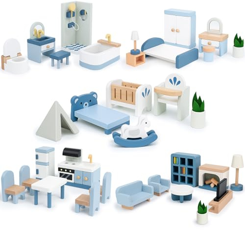 Wooden Dollhouse Furniture Set, 32 Pcs Sanlebi Doll House Accessories and Furniture, Miniature Furniture Including 5 Room Kits, Pretend Play Toy Gift for Boys Girls Toddler 3+