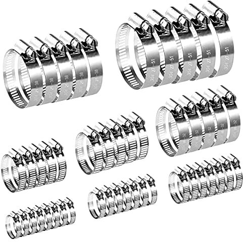 JAYZUUM 70 Stück Schlauchschellen Edelstahl- 8 Größen 6–51 mm einstellbare Schlauchklemmen Set, Rohrschellen Schelle für Haus, Gasrohr, Wasserrohr, Teich, Garten, Pool，SILBER