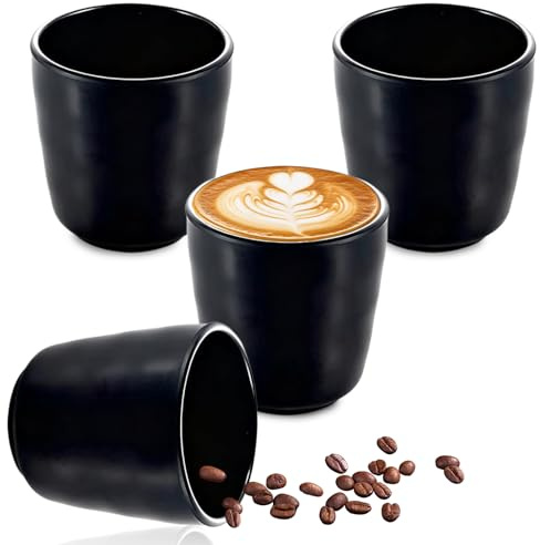 oupados Espresso Tassen Set Espressotassen Schwarz 4er Set aus Melaminharz- Stapelbares Design - Dickwandig - Spülmaschinenfest - 250 ml Steingut, Schöne Espressobecher, Hitzebeständig,