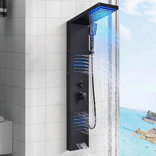 Duschpaneel Schwarz LED Multifunktionale Duschpaneele Komplett 5 Funktionen Duschpaneel mit Regendusche Wandhängende Duschpaneele mit Regenschauer, Massagedüsen, Handbrause, Wannenauslauf