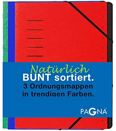 Pagna Ordnungsmappenset 12 Fächer Basic sortiert, Set mit 3 Stück, rot, blau, grün