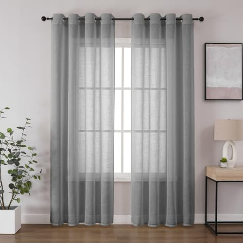 CUCRAF Leinenoptik Grau Voile Vorhänge mit Ösen Halbtransparent Gardine für Schlafzimmer Wohnzimmer H225 x B140cm 2er Set