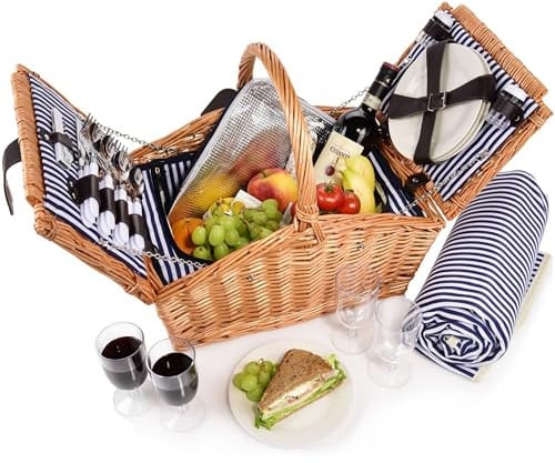 Sänger | Picknickkorb Sylt, 24-teiliges Komplettset für 4 Personen, Picknickkorb Groß, Picknick Decke & Geschirr