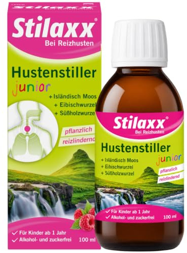 Stilaxx Hustenstiller junior 100 ml - bei Reizhusten und trockenem Husten - reizlindernde Wirkung bei Hustenreiz - bei Tag & Nacht - ab 1 Jahr - Himbeer-Geschmack