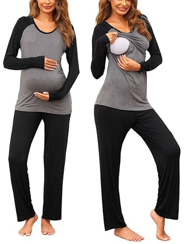 Ekouaer Stillpyjama Damen Still Schlafanzug Umstandsschlafanzug Langarm Wochenbett Hausanzug Schwangerschaft Winter Schwarz/Grau 2 L