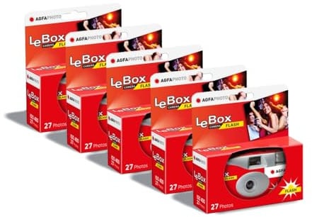 AGFA Photo 601020 LeBox Flash, Einwegkamera, 27 Fotos, optisches Objektiv 31 mm, Grau und Rot, 5er