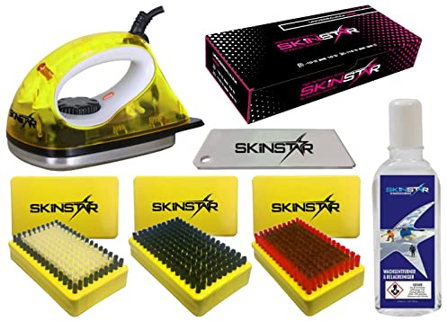 SkinStar Skiwachs Set 7-teilig Wachsbügeleisen Reiniger Ski Snowboard gelb | 7 Teile, Bürsten, Wachsentferner, Wachs, für den Service zu Hause