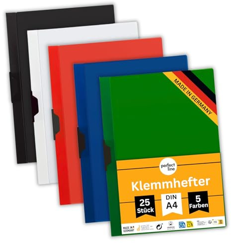 perfect line - 25 Klemmhefter (PP) DIN-A4-5 Farben, Schnellhefter aus recycelbarem Kunststoff - Bewerbungsmappen Made in Germany