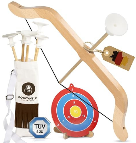 BOGENHELD® Pfeil und Bogen Kinder | Bogenschießen Set mit 5X Saugnapfpfeile, 1x Pfeiltasche und 1x Zielscheibe | Spielzeugbogen Saugnapf Kinder ab 3 Jahre | Bogenset für Links - und Rechtshänder