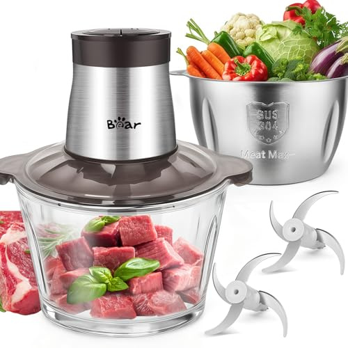 Bear 2L+1.8L Zerkleinerer Elektrisch, 2 Geschwindigkeitsstufen | Häcksler mit 4 Edelstahlklingen, Glas & 304 Edelstahlbehälter, 600W Mini Chopper für Fleisch, Babynahrung, Obst und Gemüse