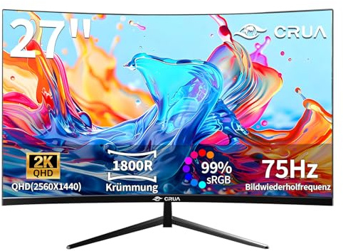 CRUA 27 Zoll QHD (2560x1440) Monitor|2K 75Hz Computer Monitor 27 Zoll 1440p Monitor mit HDMI,DP und Wandmontage| 1440P Eye Care PC-Büromonitor zum Arbeiten und Spielen
